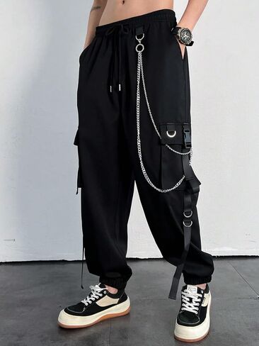 GORGLITTER Men's Chain Cargo Pants Flap Pocket Drawstring Waist Long Street Pants in Saudi Arabia