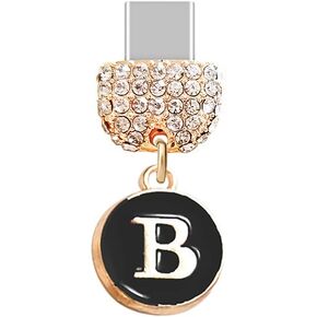 ELISE & FONDA TP54 Type-C USB Charging Port Crystal Anti Dust Plug Tiny Letter B Cell Phone Charm for Samsung/Huawei/OnePlus/Xiaomi/oppo New Android Phones(Black)