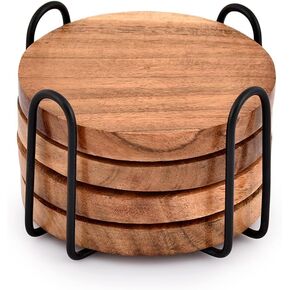 Acacia Wood Coasters for Drinks with Iron Holder Stand for Coffee Table, Tabletop Protection Decor, Set of 4