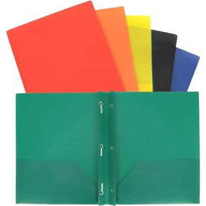 Pocket Folders with Prongs, Colored and Clear Cover File Folders w/Front & Back Inside Pockets, 3 Prong Plastic Folders with Pockets, 6 Solid Colors (Clear Cover)