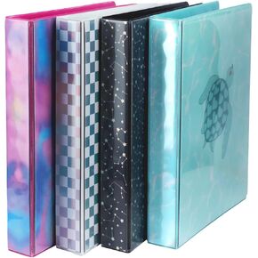 Yoobi 1 Inch Binder Set – 3-Ring Binders with 2 Pockets – Perfect for School or Office – Holds up to 220 Sheets – 4 Pack – VSCO Designs – Tie Dye, Checkerboard, Turtle, Celestial