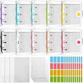 10 Sets Mini Transparent 3 Ring Binder Covers Binder Mini 3 Ring with Binder Inner Papers Storage Bags Label Sticker Clear Soft PVC Loose Leaf Notebook Binder Cover Protector Pockets (Clear)
