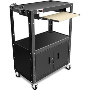 DNA MOTORING Steel AV Cart with Extra Storage Cabinet, 30.8" x 18" x 22"-42" Height Adjustable Rolling Projector Utility Cart, TOOLS-00293