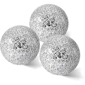 4 in Decorative Orbs Glass Balls Set of 3,Mosaic Sphere globe for Whole Housewares,Wedding/Birthday,Bowls,Vases Dining Table Centerpieces(Silver,Black,Gold)