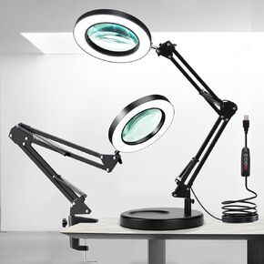 Magnifying Glass with Light and Stand, 10X Magnifying Lamp, 2-in-1 Magnifying Desk Lamp with Clamp, 3 Color Mode, Magnifying Glasses with Light for Close Work (2nd Generation Base ＆ Clamp)