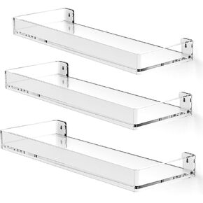 MaxGear Acrylic Shelves Clear Floating Shelves, Clear Display Wall Shelves with Edge, Wall Mounted Hanging Floating Bookshelves for Bathroom, Bedroom, Kitchen, Set of 3