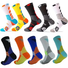 YWSLRC 5 Pairs Men's Athletic Basketball Training Compression Crew Socks+ 5 Pairs Elite Thick Cushion Basketball Running Socks