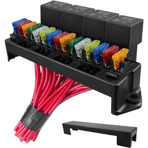 12V Fuse Relay Box, 4 Relay Slots and 15 ATC/ATO Fuse Holder, with 4-pin JD1912 40A Relay and 15 ATC/ATO Blade Fuses, Relay Fuse Block for Automotive Car Truck Marine Boat