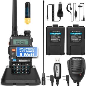 BAOFENG Ham Radio, UV-5R Pro 8W Walkie Talkies, Handheld Dual Band Two Way Ham Radios Long Range with Rechargeable Battery, Earpieces, Mic, Antenna and Programming Cable (2 Pack)