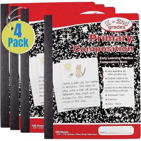 1InTheOffice Primary Journal Grades K-2, Composition Notebook for Kids, Wide Ruled Composition Notebook, Kids Notebooks for School, 100/Sheets, Red/Marble, 7.5" x 9.75", 4/Pack