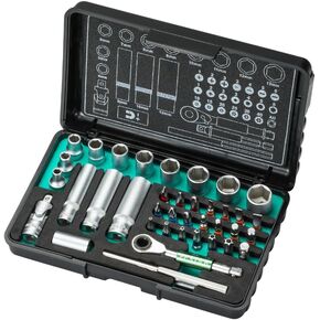 مجموعة مقابس على شكل حرف T، مقبس مفتاح ربط بسقاطة 1/4 بوصة، مقبس لقم توركس، مقبس لقم سداسي، فولاذ CRV، شريط تمديد، قارنة توصيل مغناطيسية، متري، 39 قطعة in Kuwait