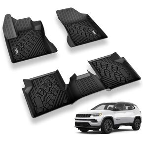 3W Floor Mats Fit for 2017-2024 Jeep Compass, TPE All Weather Custom Fit First and Second Rows Full Set Car Mats, Black