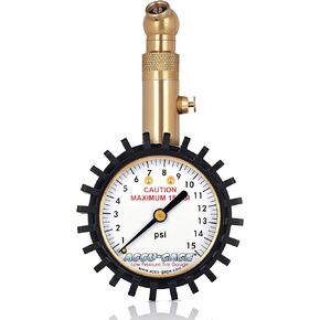 Accu-Gage Low Pressure Tire Gauge with Protective Rubber Guard, Angled Chuck, 15psi