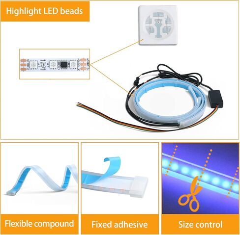 2 قطعة شريط إضاءة LED مرن للسيارة، شريط إضاءة LED متعدد الألوان RGB مقاس 24 بوصة، شريط إضاءة نهاري مقاوم للماء، شريط أنبوبي ضوء نيون أضواء إشارة الانعطاف DRL ضوء خلفي in Kuwait