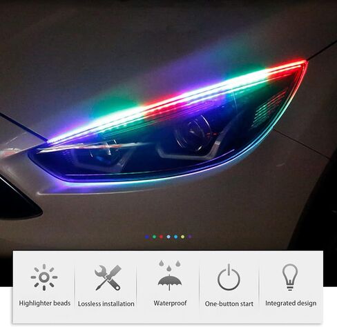 2 قطعة شريط إضاءة LED مرن للسيارة، شريط إضاءة LED متعدد الألوان RGB مقاس 24 بوصة، شريط إضاءة نهاري مقاوم للماء، شريط أنبوبي ضوء نيون أضواء إشارة الانعطاف DRL ضوء خلفي in Kuwait