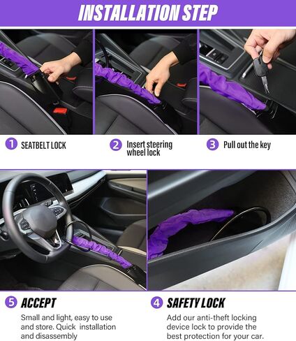 قفل عجلة القيادة، جهاز مضاد للسرقة لقفل عجلة القيادة عالي القوة مع مفتاحين، جهاز أمان السيارة لمنع سرقة السيارة، قفل حزام الأمان العالمي لمعظم السيارات (أسود) in Kuwait