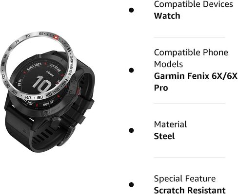 Stainless Steel Bezel Ring Compatiable with Garmin Fenix 6X/6X Pro Watch, Bezel Ring Adhesive Cover Anti Scratch & Collision Protector for Garmin Watch Accessory (Silver - Not For 6/6 Pro) in Kuwait
