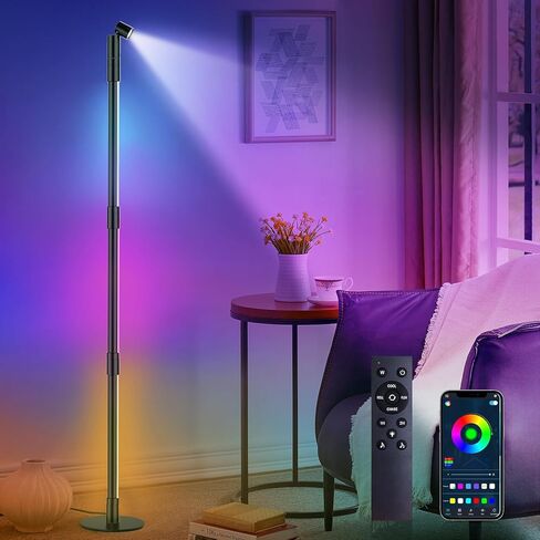 مصباح أرضي للزاوية RGB، مصباح زاوية LED يدور 360 درجة مع ضوء كشاف، جهاز تحكم عن بعد ذكي وبلوتوث، مصباح قائم للتوصيل والتشغيل لغرفة المعيشة، 16 مليون لون DIY، مزامنة الموسيقى، إعداد المؤقت in Kuwait
