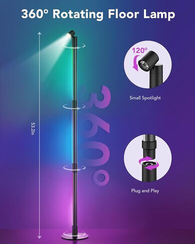 مصباح أرضي للزاوية RGB، مصباح زاوية LED يدور 360 درجة مع ضوء كشاف، جهاز تحكم عن بعد ذكي وبلوتوث، مصباح قائم للتوصيل والتشغيل لغرفة المعيشة، 16 مليون لون DIY، مزامنة الموسيقى، إعداد المؤقت in Kuwait