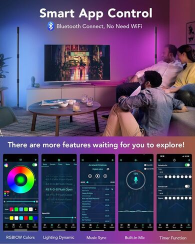 مصباح أرضي للزاوية RGB، مصباح زاوية LED يدور 360 درجة مع ضوء كشاف، جهاز تحكم عن بعد ذكي وبلوتوث، مصباح قائم للتوصيل والتشغيل لغرفة المعيشة، 16 مليون لون DIY، مزامنة الموسيقى، إعداد المؤقت in Kuwait