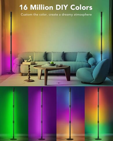 مصباح أرضي للزاوية RGB، مصباح زاوية LED يدور 360 درجة مع ضوء كشاف، جهاز تحكم عن بعد ذكي وبلوتوث، مصباح قائم للتوصيل والتشغيل لغرفة المعيشة، 16 مليون لون DIY، مزامنة الموسيقى، إعداد المؤقت in Kuwait