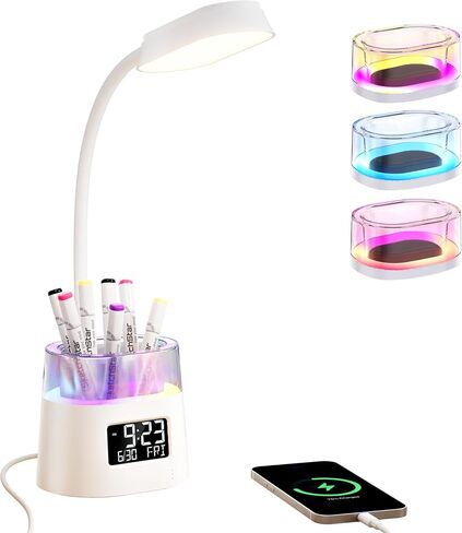 مصباح مكتب LED مع شاحن USB: مصابيح طاولة مكتبية مع حامل قلم - أضواء قراءة معقوفة للأطفال مع ساعة - مصباح دراسة ليلي RGB لكلية القراءة المنزلية in Saudi Arabia