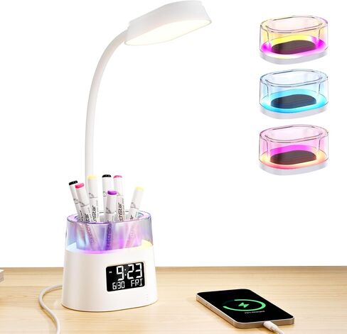 مصباح مكتب LED مع شاحن USB: مصابيح طاولة مكتبية مع حامل قلم - أضواء قراءة معقوفة للأطفال مع ساعة - مصباح دراسة ليلي RGB لكلية القراءة المنزلية in Saudi Arabia