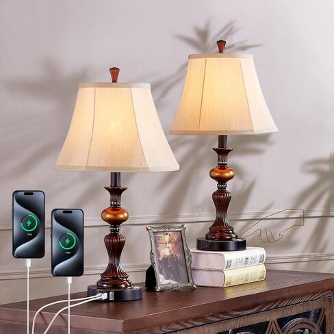 Set of 2 victorian Table Lamps for Bedroom, 22.5'' vintage Bedside Table Lamps with USB A+C Ports, 3-Way Dimmable, Bell Shape Faux Silk Shade for Living Room - 2 LED Bulbs included(washed white) in Saudi Arabia