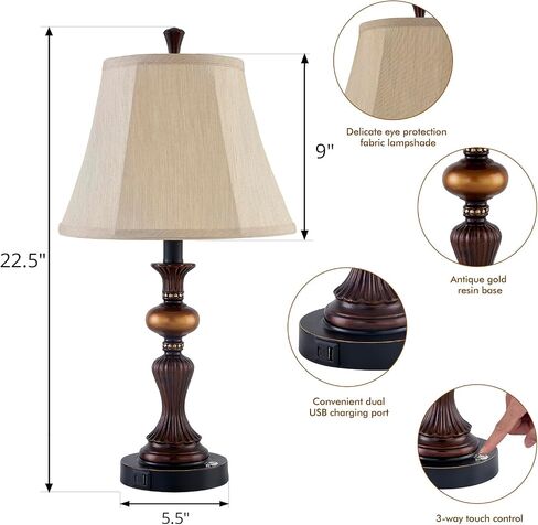 Set of 2 victorian Table Lamps for Bedroom, 22.5'' vintage Bedside Table Lamps with USB A+C Ports, 3-Way Dimmable, Bell Shape Faux Silk Shade for Living Room - 2 LED Bulbs included(washed white) in Saudi Arabia