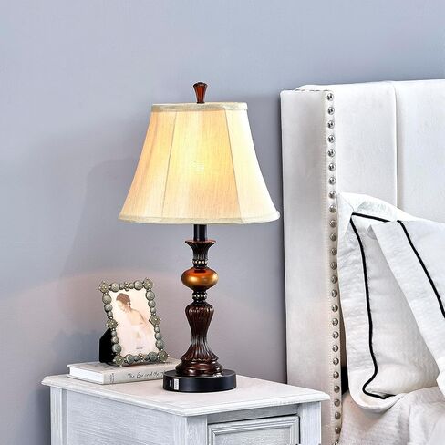 Set of 2 victorian Table Lamps for Bedroom, 22.5'' vintage Bedside Table Lamps with USB A+C Ports, 3-Way Dimmable, Bell Shape Faux Silk Shade for Living Room - 2 LED Bulbs included(washed white) in Saudi Arabia