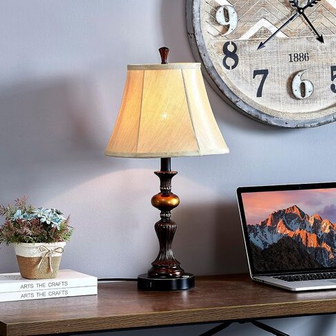 Set of 2 victorian Table Lamps for Bedroom, 22.5'' vintage Bedside Table Lamps with USB A+C Ports, 3-Way Dimmable, Bell Shape Faux Silk Shade for Living Room - 2 LED Bulbs included(washed white) in Saudi Arabia