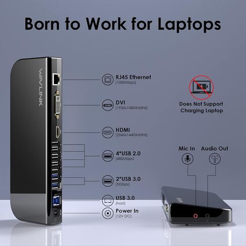 WAVLINK USB 3.0 and USB C Universal Laptop Docking Station Dual Monitor HDMI & HDMI/DVI/VGA Display with Gigabit Ethernet, 6USB Ports, Audio, Support Windows,Mac, Chrome OS, Android 7.1 Above in Saudi Arabia