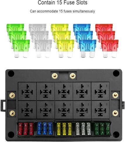 12V Fuse Relay Box, 4 Relay Slots and 15 ATC/ATO Fuse Holder, with 4-pin JD1912 40A Relay and 15 ATC/ATO Blade Fuses, Relay Fuse Block for Automotive Car Truck Marine Boat in Kuwait