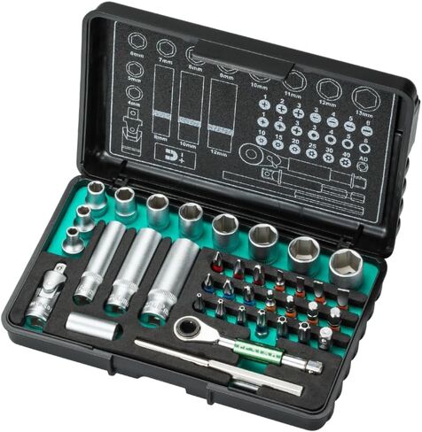 مجموعة مقابس على شكل حرف T، مقبس مفتاح ربط بسقاطة 1/4 بوصة، مقبس لقم توركس، مقبس لقم سداسي، فولاذ CRV، شريط تمديد، قارنة توصيل مغناطيسية، متري، 39 قطعة in Kuwait