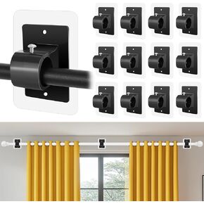 6PCS No Drill Curtain Rod Brackets,Self Adhesive Curtain Rod Holder No Drilling,Renter Friendly Drapery Rod Hook,Nail Free Adjustable Non Screw Draper Pole for Apartment Window Wall Door Ceiling Mount