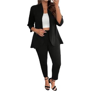 SOLY HUX Women's Plus Size 2 Piece Outfit Open Front 3/4 Sleeve Blazer and Pants Business Casual Set