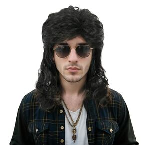 karlery Men Women Long Curly Black Wig 70s 80s Heavy Metal Rocker Mullet Funny Wig Synthetic Fiber Adjustable Costume Halloween Cosplay Theme Party Wig