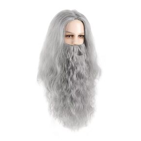 Grey Wizard Wig and Breard Set, Mens Long Curly Wigs and Beard Set, Soft and Full Costume Cosplay Wig Big Beard For Carnival Themed Party Wizard Costume