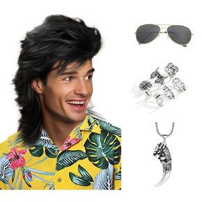 Mullet Wigs Sets with Wolf Tooth Necklace and 6pcs Metal Punk Rocker Rings and Sunglasse for Men 80s Costumes Fancy Party Funny Heavy Metal Punk Rocker Disco Cosplay (Black)