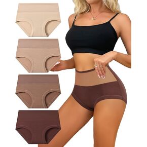 Women's Cotton High Waisted Underwear, Transparent Mesh Stretch Briefs, Full Coverage Ladies Panties 4 Pack