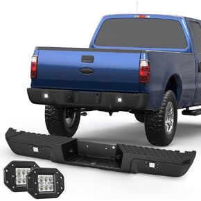 Black Rear Step Bumper Assembly Compatible for 2008-2016 Ford F250 F350 F-250 SUPER DUTY Pickup with LED Square Light Steel Complete Back Bumpers -WITHOUT Parking Sensor Holes