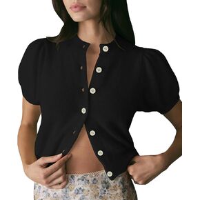 Womens Lightweight Summer Puff Short Sleeve Cardigan Sweaters Button up Y2k Knit Thin Cropped Cardigans