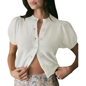 Womens Lightweight Summer Puff Short Sleeve Cardigan Sweaters Button up Y2k Knit Thin Cropped Cardigans in Saudi Arabia