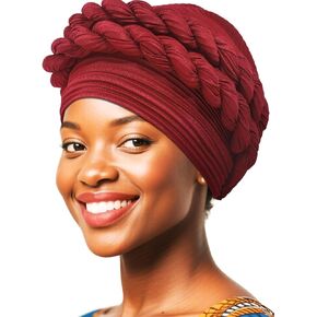 Woeoe Women African Turbans Pre-Tied Twisted Claret Hat Rhinestone Stretchy Head Wrap for Church Party