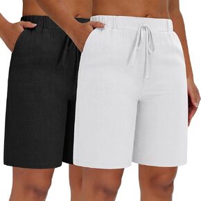 Neer 2 Pack Women Linen Bermuda Shorts مرنة الخصر الساق الواسعة الساق القيعان الصيفية غير الرسمية مع جيوب