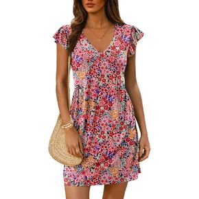 Dokotoo Women's Summer Dresses 2025 Boho Floral Beach Casual Deep V Neck Sundress Ruffle Sleeve Flowy Mini Dress