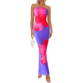 PRETTYGARDEN Strapless Bodycon Summer Dresses for Women 2025 Floral Mesh Tube Top Long Party Cocktail Dress Slit Side in Saudi Arabia