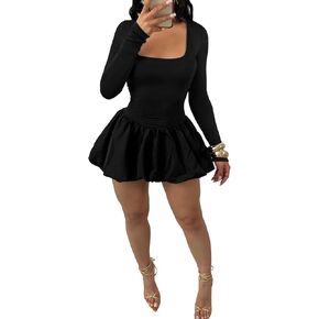 Vakkest Women's Square Neck Mini Bubble Dress Long Long