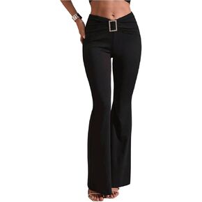 Women's Square Rhinestone Ring Flare Leggings Crossover Waist Long Bell Bottoms Y2K Pants