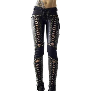 Sexyshine Women's Lace Up Criss Cross PU Leather Pants High Waist Bandage Hollow Out Y2K Gothic Punk Faux Leather Leggings